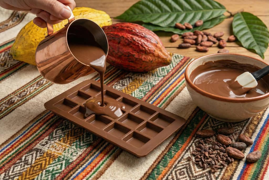 Préparation artisanale de chocolat péruvien avec pâte de cacao versée dans un moule, fèves de cacao et cabosses sur une nappe andine.